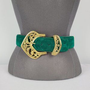Danier Emerald Green Suede Belt with Ornate Gold Buckle